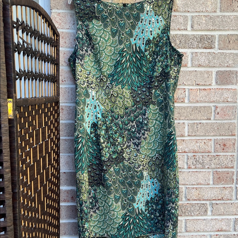Connected Apparel Teal and Black Patterned Midi Dress